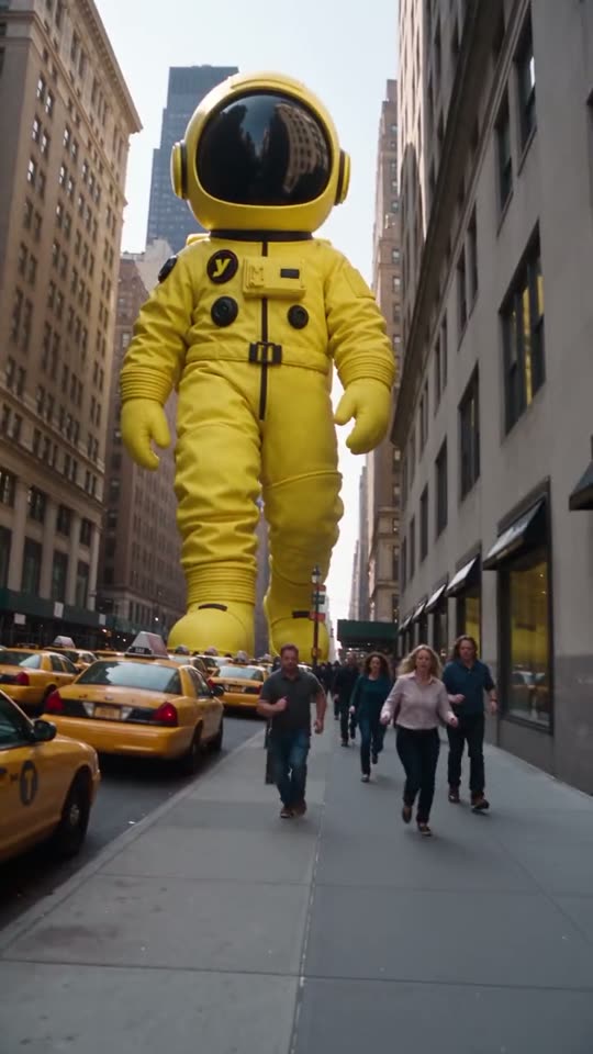 Personagem gigante andando na cidade
